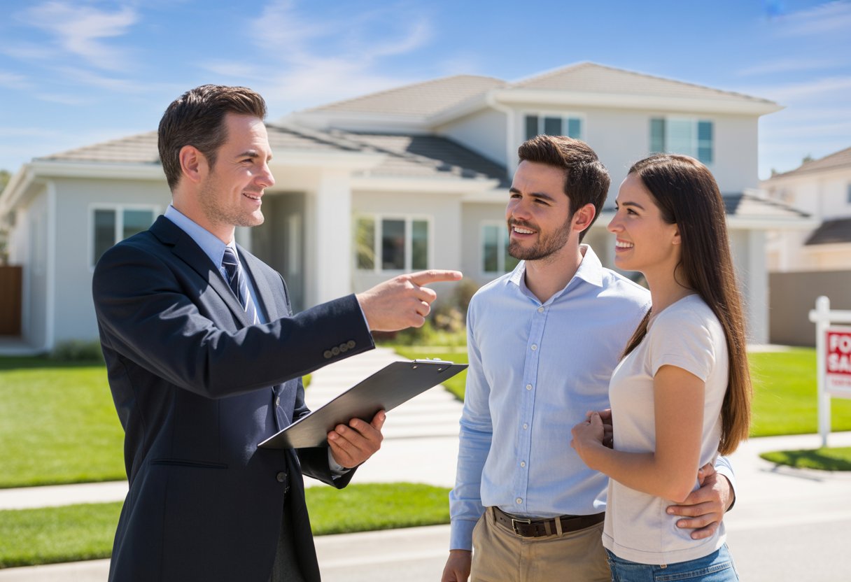 A real estate agent shows a modern house to a couple standing outside on a sunny day.