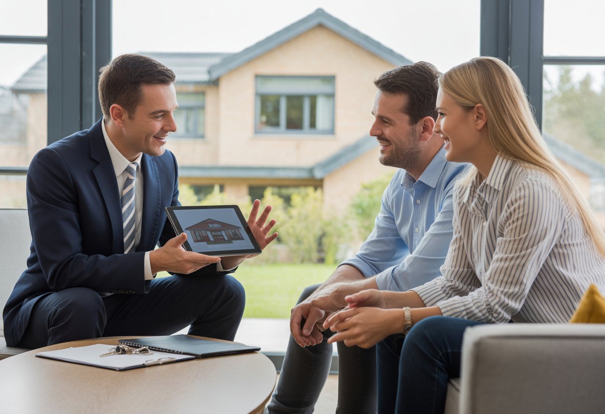 A real estate agent explaining property details to a couple in a living room with a rental property visible outside the window.